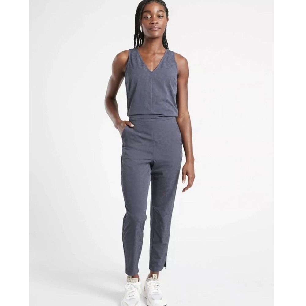 Athleta Womens Brooklyn Textured Jumpsuit Sz18‎ Blue Cheetah Leopard Athleisure